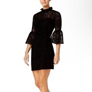 Calvin Klein Women's Burnout Black Velvet Lace Bell-Sleeve Mini Dress - Size:6P